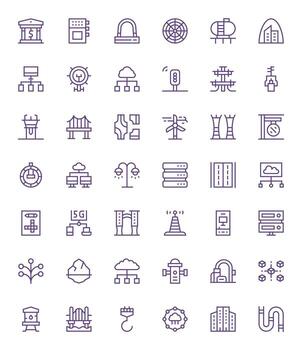 42 High Resolution Icons for Infrastructure in Grid Fitted Regular Line Format vector