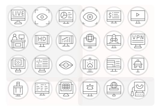 Monitor Essential Set including 24 Pixel Aligned Thin Line High Resolution Icons vector