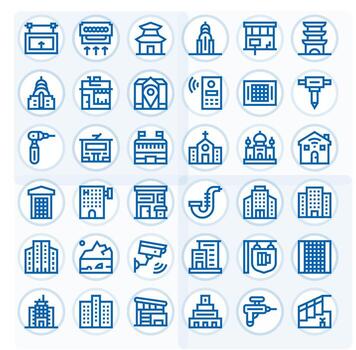 Building Icon Toolkit featuring 36 Detail Enhanced High Resolution Bold Line elements vector
