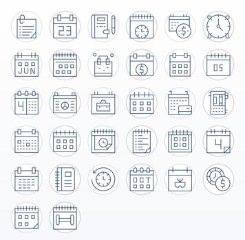 Monthly Icon Set with 32 Thin Line Retina Ready PIXEL Perfect Graphics vector