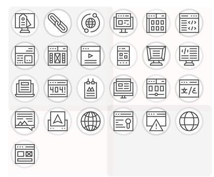 Webpage Ultimate Package with 25 Retina Ready Regular Line Grid Fitted Icons vector