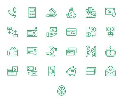 bancario digital paquete conteniendo 25 píxel optimizado regular línea alto resolución íconos vector