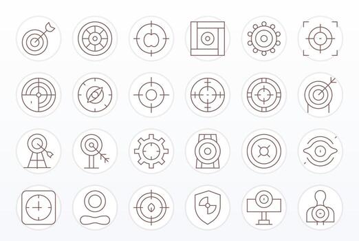 Delgado línea estilo objetivo íconos con 24 256x256 píxel optimizado diseños vector