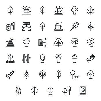 35 High Resolution Regular Line Icons for Tree with Pixel Aligned precision vector