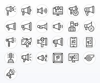 Megaphone Icon Set with 25 Regular Line High Resolution Detail Enhanced Graphics vector
