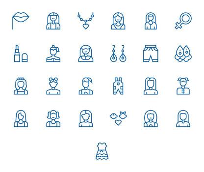 Girl Comprehensive Bundle with 25 PIXEL Perfect Regular Line High Resolution Icons vector