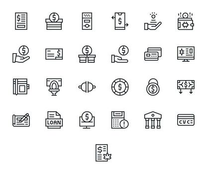 25 Regular Line Grid Fitted Icons crafted for Payment 128x128 applications vector