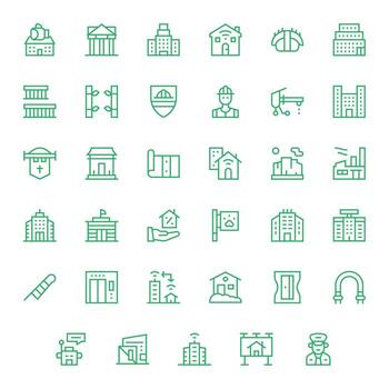Building Comprehensive Bundle with 35 Pixel Optimized Regular Line 256x256 Icons vector