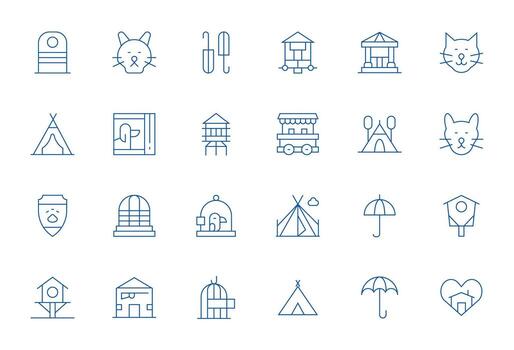 Shelter High Resolution Icon Pack with 24 Thin Line Grid Fitted Elements vector