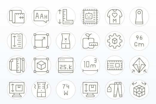 24 Thin Line Icons from Size in 64x64 Grid Fitted Quality vector