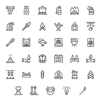 Fire High Resolution Icon Pack with 35 Regular Line Pixel Aligned Elements vector