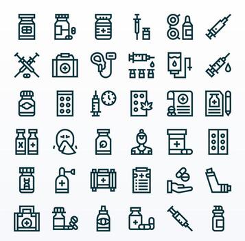 36 High Resolution Icons for Medication in Pixel Aligned Bold Line Format vector