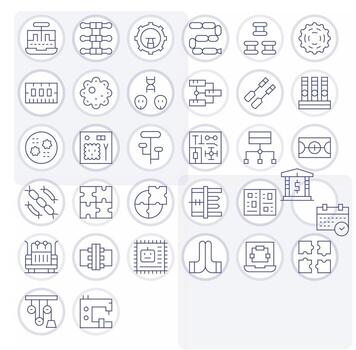 32 Pixel Aligned Icons themed around Components in High Resolution Thin Line format vector
