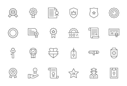 24 Icons inspired by Certification in PIXEL Perfect 256x256 Thin Line quality vector