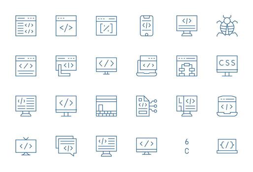 Delgado línea estilo codificación íconos con 24 alto resolución monitor Perfecto diseños vector