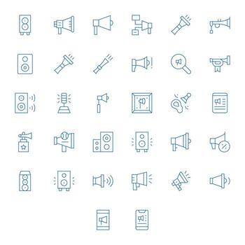 Loudspeaker Scalable Set featuring 32 Pixel Aligned Thin Line 64x64 Icons vector