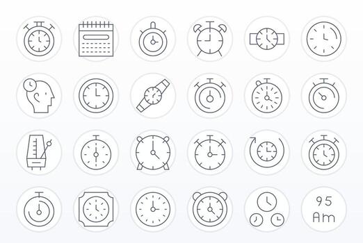 24 Detail Enhanced Icons themed around Timekeeping in High Resolution Thin Line format vector