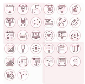 32 Icons for Advertising optimized in Display Perfect 256x256 Thin Line resolution vector