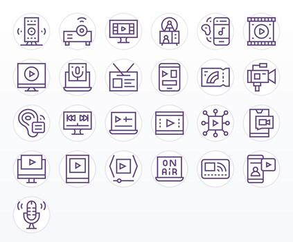 Streaming Complete Package with 25 High Resolution Regular Line Detail Enhanced Icons vector