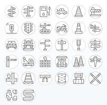 Road Icon Toolkit featuring 32 Display Perfect Retina Ready Thin Line elements vector