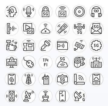 35 Pixel Aligned Icons themed around Wireless in High Resolution Regular Line format vector