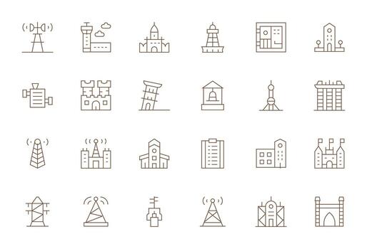 Tower Icon Toolkit featuring 24 Pixel Aligned 128x128 Thin Line elements vector