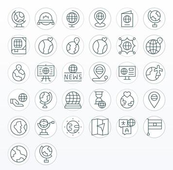 32 Thin Line Icons for World in crisp Retina Ready Pixel Optimized resolution vector