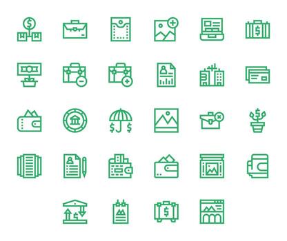 28 Pixel Aligned Icons themed around Portfolio in High Resolution Bold Line format vector