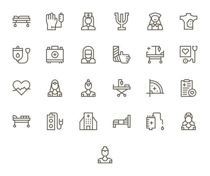 Patient Care Scalable Set featuring 25 Pixel Optimized Regular Line 256x256 Icons vector