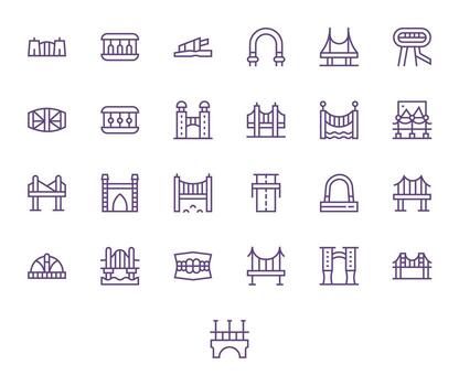 25 Pixel Optimized 64x64 Icons for Bridge in elegant Regular Line design vector
