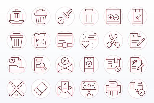 24 PIXEL Perfect Icons themed around Delete in Retina Ready Thin Line format vector