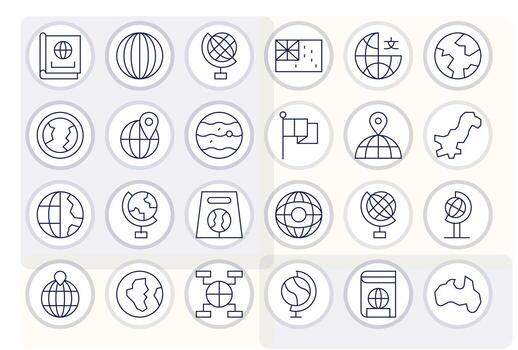 24 Delgado línea píxel alineado íconos a la medida para mundo mapa retina Listo interfaz vector