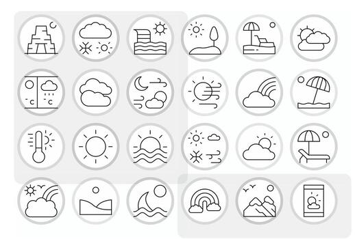 Sunny High Resolution Icon Pack with 24 Thin Line Pixel Aligned Elements vector