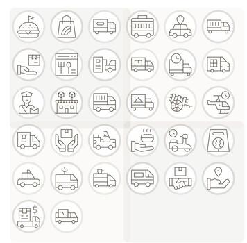 32 Thin Line Icons for Delivery Service in crisp 128x128 Pixel Aligned resolution vector