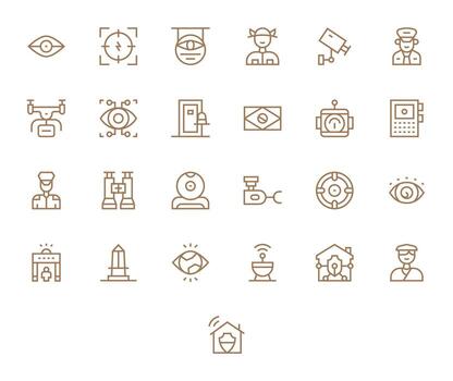 vigilancia icono conjunto con 25 regular línea 128x128 píxel alineado gráficos vector