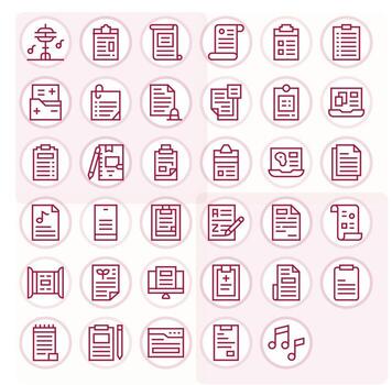Notes Visual Pack containing 35 Regular Line Grid Fitted Icons vector
