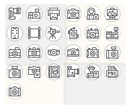 Photographic Scalable Set featuring 25 Grid Fitted Regular Line High Resolution Icons vector