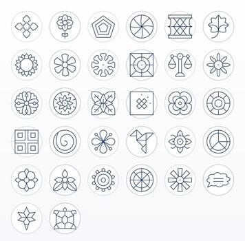 32 Pixel Aligned Icons themed around Symmetry in Retina Ready Thin Line format vector
