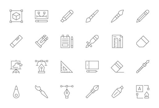 dibujo herramienta presentando 24 256x256 íconos en Delgado línea diseño vector