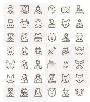 Character Icon Toolkit featuring 42 Detail Enhanced 128x128 Regular Line elements vector
