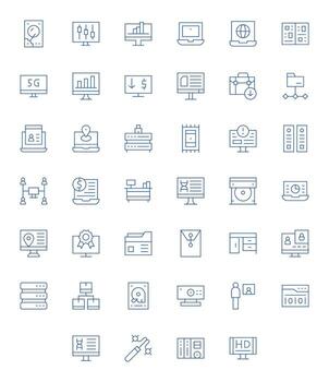 computadora presentando 40 128x128 íconos en Delgado línea diseño vector