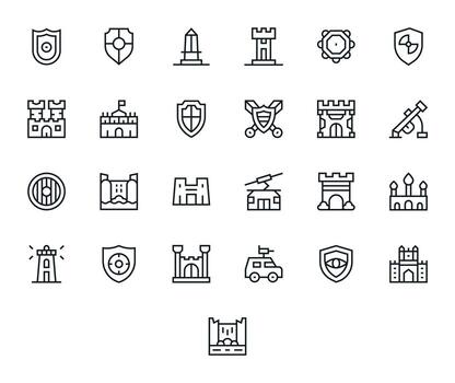 25 Regular Line Grid Fitted Icons tailored for Defense System 64x64 interface vector