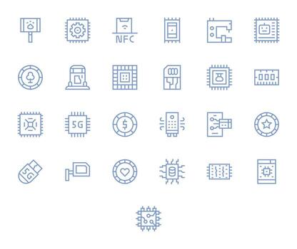 Chip Complete Package with 25 High Resolution Regular Line Pixel Optimized Icons vector