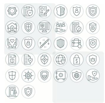 Safeguard Comprehensive Bundle with 32 Grid Fitted Thin Line High Resolution Icons vector