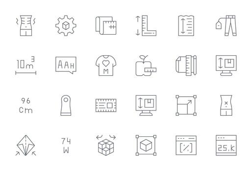 24 Icons inspired by Size in Detail Enhanced High Resolution Thin Line quality vector