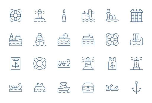 24 PIXEL Perfect High Resolution Icons for Ship in elegant Thin Line design vector