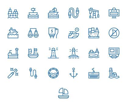 Port Design Icons featuring 25 Editable Regular Line Style vector