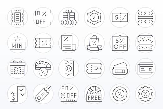 24 High Resolution Icons for Voucher in Pixel Optimized Thin Line Format vector