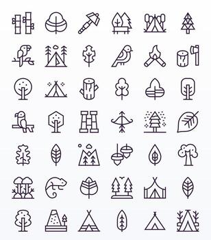 Forest Icon Collection with 42 High Resolution Regular Line Designs vector