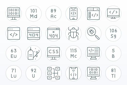 Thin Line Style Code Icons with 24 256x256 Pixel Aligned Designs vector